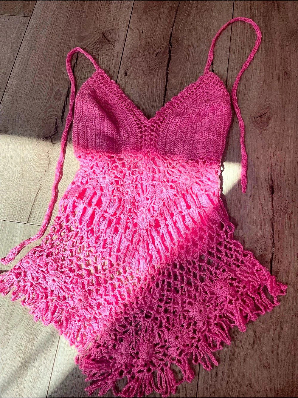 Pink Crochet Fringe Swim Cover-Up